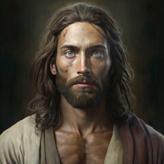 Fototapeta premium a portrait painting of Jesus wearing a white robe with a forgiving look Generative Ai
