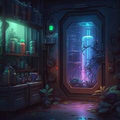 a futuristic science botanical lab full of experiment bottles and plants concept art illustration