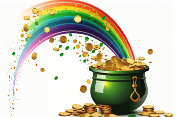 Generative AI cartoon of the pot of gold coins at the end of the rainbow concept for Happy Saint Paddy's Day, Colourful End of the Rainbow, Golden Celebration Time - 574504244