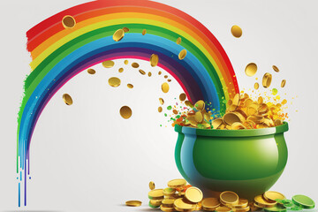Generative AI cartoon of the pot of gold coins at the end of the rainbow concept for Happy St. Patrick's Day, Rich Celtic Mythos, Celebratory Poster Art