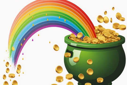 Generative AI cartoon of the pot of gold coins at the end of the rainbow concept for Happy Saint Patrick Day, Rainbow of Joy, Magical Symbolism