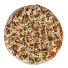 Brazilian pizza with mozzarella, broccoli, catupiry and parmesan (Pizza de brócolis) - Top view.