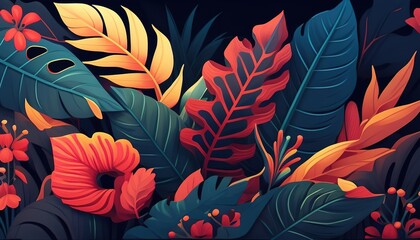 A colorful tropical pattern with vibrant leaves and flowers, a lively and festive illustration perfect for a summery vibe