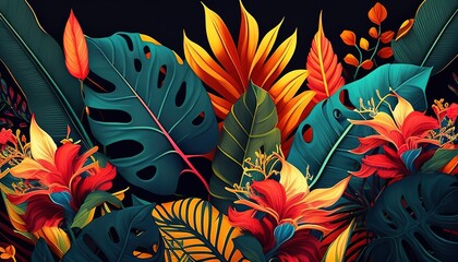 A colorful tropical pattern with vibrant leaves and flowers, a lively and festive illustration perfect for a summery vibe