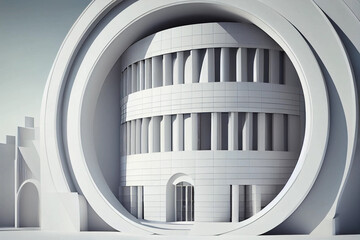 Futuristic White Circular Building on Abstract Architecture Background - 3D Illustration for Modern Geometric Wallpaper Design, generative ai