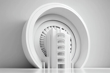 Minimalist Abstract Architecture Background with a 3D Rendered White Circular Building, generative ai