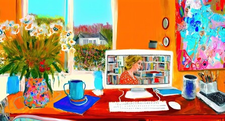 paint like illustration of working desk in home office with nobody, Generative Ai