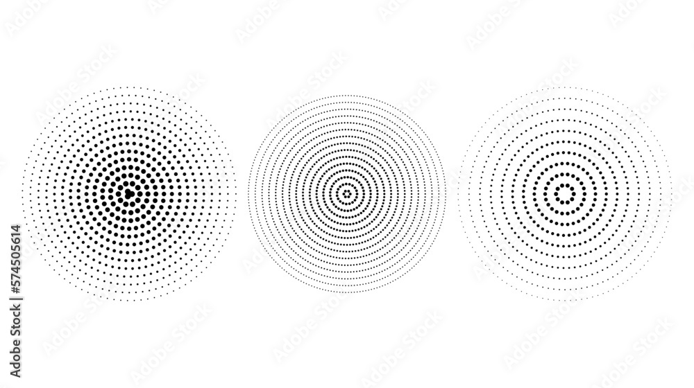 Poster concentric ripple circles set. dotted sound wave rings collection. epicentre, target, radar icon con