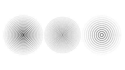 Concentric ripple circles set. Dotted sound wave rings collection. Epicentre, target, radar icon concept. Radial signal or vibration elements. Halftone vector 