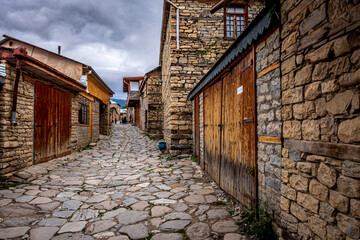 cobblestone street market in lahij, azerbaijan, closed on a cloudy day