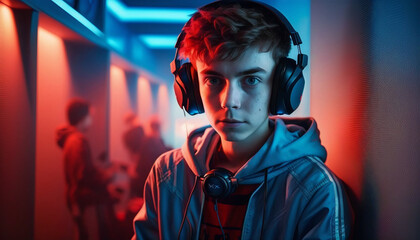 Image Generated Artificial Intelligence. Portrait of a E-Sport gamer teenager boy looking at camera. - obrazy, fototapety, plakaty