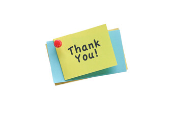 Thank you note pinned with red pin on top of color papers. Isolated, transparent background.