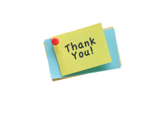 Thank you note pinned with red pin on top of color papers. Isolated, transparent background.