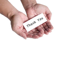 Man holding thank you word in palm. Close up and top view. Isolated, transparent background.