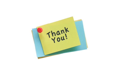 Thank you note pinned with red pin on top of color papers. Isolated, transparent background.