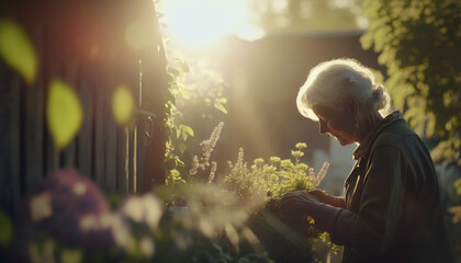 Artificial generated image of  senior citizen , a happy senior woman of taking care of trees and green plants