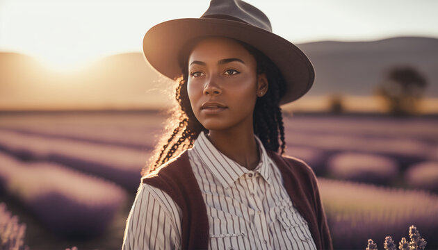 Artificial generated portrait of a  brown girl wearing hat in the lavender fields
