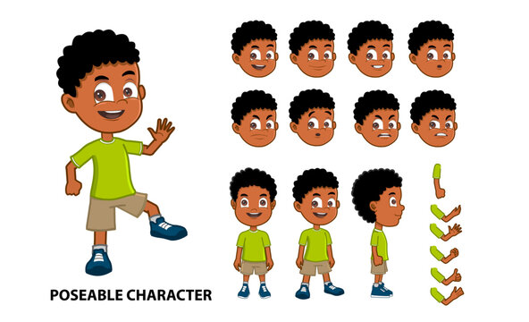 Boy posable character model sheet African American 