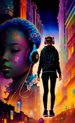 Fototapeta na wymiar Girl / Woman with headphones listening to music Art created with Generative Al technology