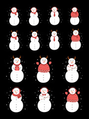 Cute cartoon snowman collection. winter snowman. Cheerful snowmen in different costumes scarf and hat.