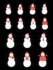 Cute cartoon snowman collection. winter snowman. Cheerful snowmen in different costumes scarf and hat.