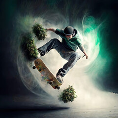 Dank skateboarder riding a weed nug-AI Generated - obrazy, fototapety, plakaty