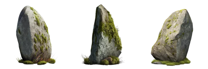 Poster Beautiful natural tall rock with moss, transparent background, 3d rendering, can be used for natural garden yard decoration, generative ai.  © ShiaoHuai