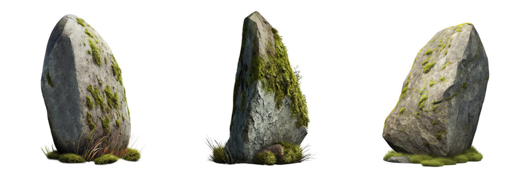 Beautiful natural tall rock with moss, transparent background, 3d rendering, can be used for natural garden yard decoration, generative ai.	