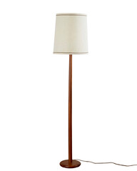 Mid-century modern solid teak wood lamp. Interior view of a vintage light with the original oatmeal...