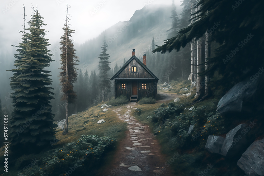 Poster beautiful cabin in the middle of a forest with fog and trees on the mountainside and a foggy sky abo