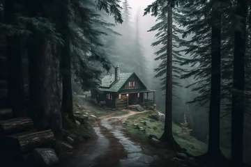 Fotobehang Beautiful cabin in the middle of a forest with fog and trees on the mountainside and a foggy sky above it, with a path leading to a cabin in the middle of the woods, Generative AI  © Tahsin