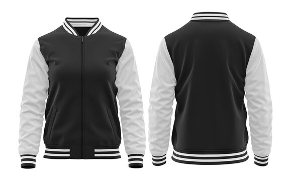 Baseball jacket for ladies, long sleeve with full zip,3D Render, Black body, and white sleeve.