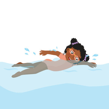 cute little African girl wear googles enjoying swimming in a pool
