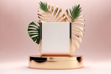Front view 3D product round short podium on pink white gold for business with background is a tropical forest and various leaves. copy-space. Generative AI..