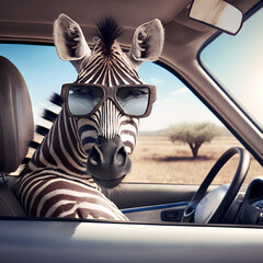 a happy zebra seat of a car and driving the car - obrazy, fototapety, plakaty