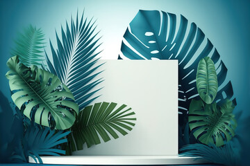 Front view 3D product round short podium on blue white gold for business with background is a tropical forest and various leaves. copy-space. Generative AI..