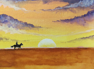Watercolor painting cowboy and horse landscape countryside sunset in the field.
- 574513056