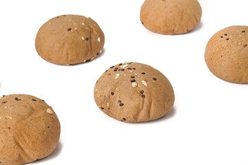 A pile of bread on a white background