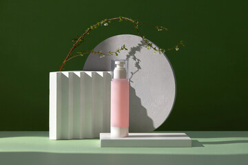 3D rendering of white podium geometry. Blank label for branding mock-up
