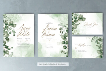 Fototapeta na wymiar Set of greenery Wedding Invitation Card Template with Eucalyptus Arrangement Leaves