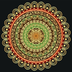 Vector vintage frame with lacy golden and colorful mandala on black