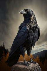 Fototapeta premium Photorealistic ai artwork of a raven on a rock in a studio-style portrait. Generative ai.