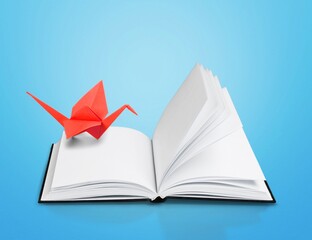 Cute origami bird on book on color background