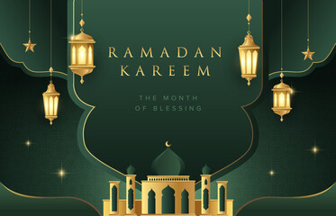 Ramadan Kareem design on green Islamic background with gold ornament star, mosque and lanterns. Suitable for raya and ramadan template concept