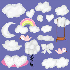 Set of  kawaii watercolor kids baby shower and valentine days. heart, balloon, bird, baby shower, star, sky, cloud