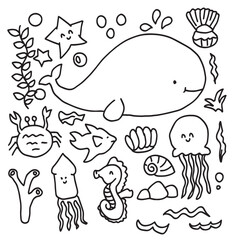 Set of kawaii ocean lifes isolated on white background. whale, star, crab, octopus, coral, sheal,