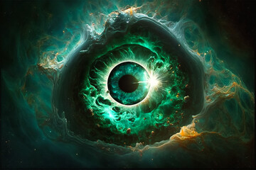 Green sci-fi fantasy eye with whole galaxy inside. Generative AI