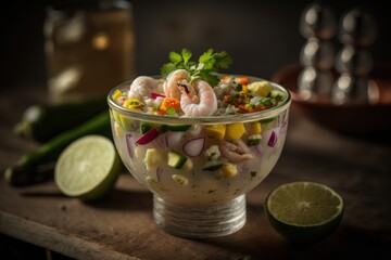 Fototapeta na wymiar Fish ceviche on a elegant restaurant table from Peru, GENERATIVE AI