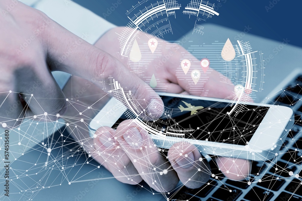 Aufkleber a person use phone with connecting computing technology