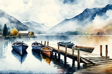 Digital watercolor painting of Panorama landscape rowing boats on lake with jetty against mountain background illustration - obrazy, fototapety, plakaty